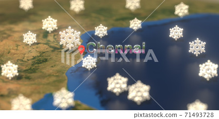 Chennai city and snowy weather icon on the map, weather forecast related 3D rendering Chennai city and snowy weather icon on the map, weather forecast related 3D rendering 71493728