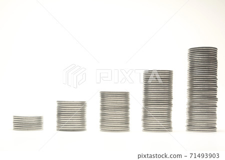 Stacks of silver coins in the form of the diagram, isolated over white background. Stacks of silver coins in the form of the diagram, isolated over white background. 71493903
