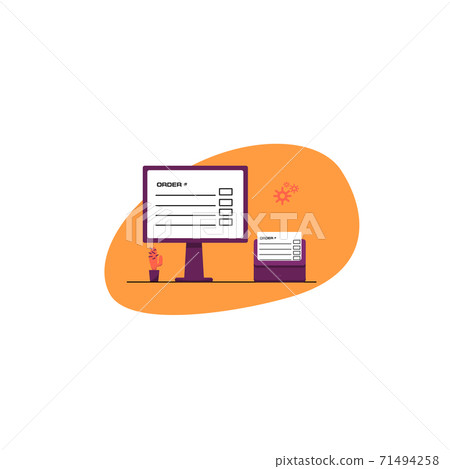 Online shopping and fast delivery concept. Processing online purchase on monitor and printer. Vector stock flat illustration isolated on white background. Template for landing page design. Online shopping and fast delivery concept. Processing online purchase on monitor and printer. Vector stock flat illustration isolated on white background. Template for landing page design. 71494258
