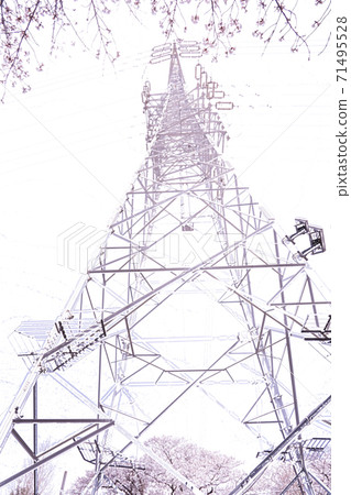 櫻花盛開和電力傳輸塔[彩色鉛筆] 71495528