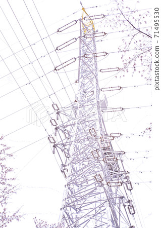 櫻花盛開和電力傳輸塔[彩色鉛筆] 71495530