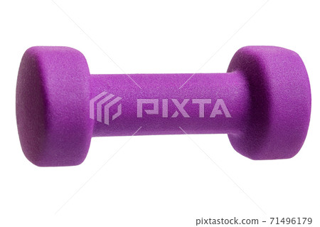purple dumbbell with a soft covering Isolated on white background, unlable object side 3/4 view. purple dumbbell with a soft covering Isolated on white background, unlable object side 3/4 view. 71496179