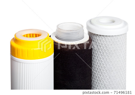 set of replaceable cartridges for a water purification filter with an absorbent carbon element, close up objects isolated on a white background. set of replaceable cartridges for a water purification filter with an absorbent carbon element, close up objects isolated on a white background. 71496181