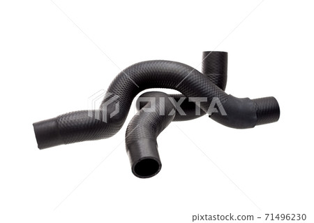 genuine reinforced radiator pipes made of black hard rubber with stiffeners inside, new car spare parts isolated on white background. genuine reinforced radiator pipes made of black hard rubber with stiffeners inside, new car spare parts isolated on white background. 71496230