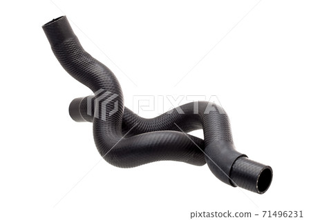 genuine radiator pipes made of black hard rubber with bends, new car spare parts isolated on white background. genuine radiator pipes made of black hard rubber with bends, new car spare parts isolated on white background. 71496231