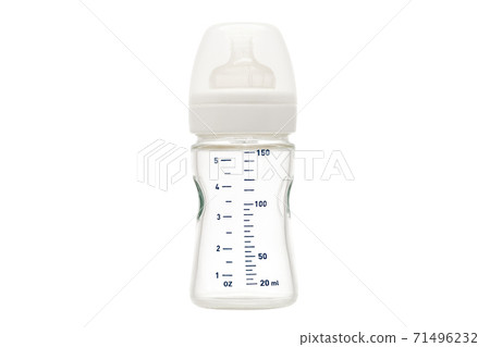 glass bottle with a measuring scale and a silicone pacifier for feeding babies, a transparent container with a white cap isolated on a white background. glass bottle with a measuring scale and a silicone pacifier for feeding babies, a transparent container with a white cap isolated on a white background. 71496232