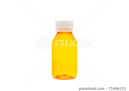 plastic transparent bottle of orange color with a white stopper, empty container for medicines for health treatment unlabel isolated on a white background. 71496233