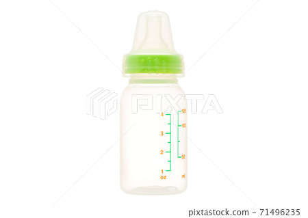 feeding bottle with pacifier and measuring scale, transparent plastic bottle with a green cap isolated on a white background. feeding bottle with pacifier and measuring scale, transparent plastic bottle with a green cap isolated on a white background. 71496235