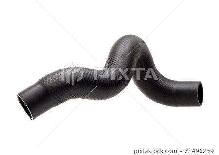 radiator pipe made of black hard rubber with stiffeners, new car spare part isolated on white background. radiator pipe made of black hard rubber with stiffeners, new car spare part isolated on white background. 71496239