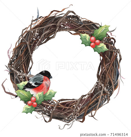Christmas wreath of branches with bullfinch and mistletoe. Watercolor illustration. Isolated on white 71496314