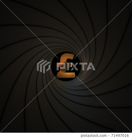 Pound sterling currency symbol as seen behind the rifling of a gun barrel. Crisis or economic threat related conceptual 3D rendering 71497016