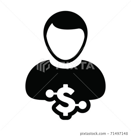 Finance icon vector digital dollar currency with male user person profile avatar for digital wallet in a glyph pictogram illustration 71497148