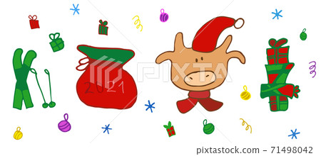 2021 New Year funny ox cartoon, Santa sack and presents on transparent 2021 New Year funny ox cartoon, Santa sack and presents on transparent 71498042