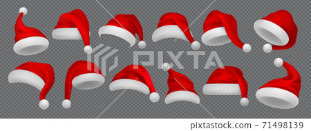 Santa Claus hat. Realistic Christmas and New Year red winter headdress with white fur and pompom. Collection of photo decoration stickers on transparent background. Vector costume set Santa Claus hat. Realistic Christmas and New Year red winter headdress with white fur and pompom. Collection of photo decoration stickers on transparent background. Vector costume set 71498139