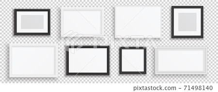 Picture frames. Black or white realistic banners mockup, 3D poster borders on transparent background. Collection plastic or wooden templates for images and photos. Vector gallery set 71498140