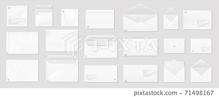 White envelope. Realistic mail mockup. Blank correspondence package for branding and advertising. Open and close letters with size marking and place for address. Vector postage set White envelope. Realistic mail mockup. Blank correspondence package for branding and advertising. Open and close letters with size marking and place for address. Vector postage set 71498167