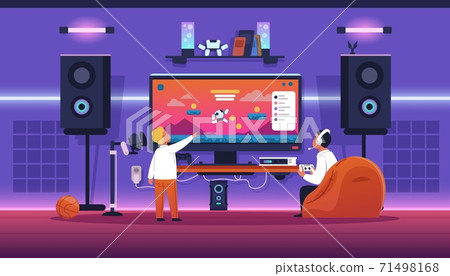 Kids streaming game. Children play with console and controller. Leisure activity and cyber sport. Gamer room interior. Modern technologies for entertainment, vector player illustration Kids streaming game. Children play with console and controller. Leisure activity and cyber sport. Gamer room interior. Modern technologies for entertainment, vector player illustration 71498168
