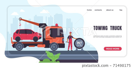 Car towing landing page. Automobile emergency service and roadside assistance. Website interface template with button, header and text. Truck with crane and auto in back, vector mockup Car towing landing page. Automobile emergency service and roadside assistance. Website interface template with button, header and text. Truck with crane and auto in back, vector mockup 71498175