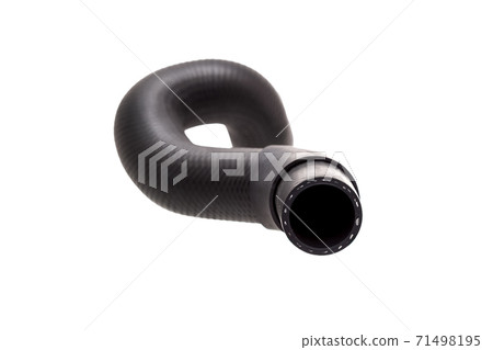radiator pipe made of black hard rubber new car spare part isolated on white background end view in the middle of the pipe. radiator pipe made of black hard rubber new car spare part isolated on white background end view in the middle of the pipe. 71498195