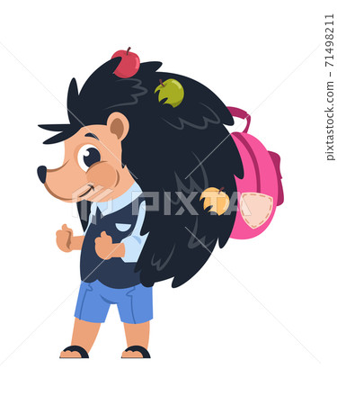 Cartoon hedgehog. School animal with apples pricked on needles. Cute forest citizens in uniform with backpack for studying. Childhood emblem template. Vector character illustration Cartoon hedgehog. School animal with apples pricked on needles. Cute forest citizens in uniform with backpack for studying. Childhood emblem template. Vector character illustration 71498211