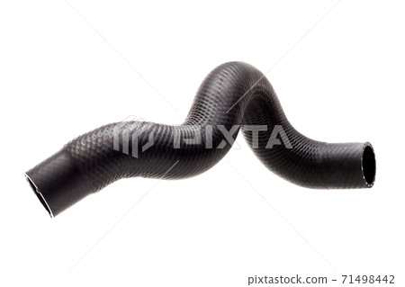 radiator pipe made of black hard rubber with bends, new car spare part isolated on white background. 71498442