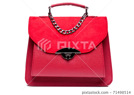 handbag with leather and suede red color with a decorative chain, female accessory front view isolated on a white background nobody. 71498514