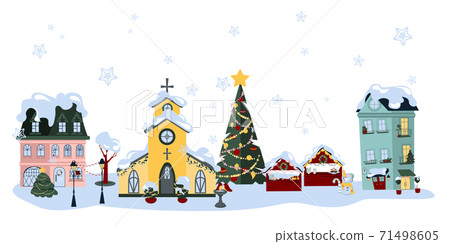 Winter City Architecture with Houses and Church 71498605