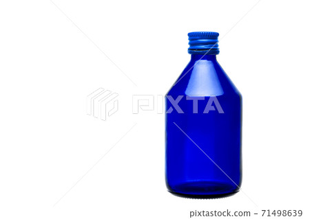 blue glass bottle with medical alcohol for disinfection with a metal cap isolated on a white background with copy space. 71498639