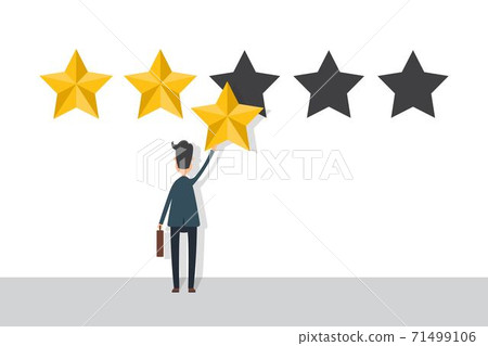 Businessman in suit hold a star in his hands and give a review. Evaluation concept. Feedback. Vector illustration in flat design. Businessman in suit hold a star in his hands and give a review. Evaluation concept. Feedback. Vector illustration in flat design. 71499106