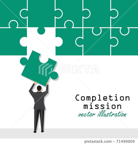 Completion mission concept. Businessman putting last puzzle in jigsaw. Successful implementation of plan. Vector illustration in flat design. 71499809