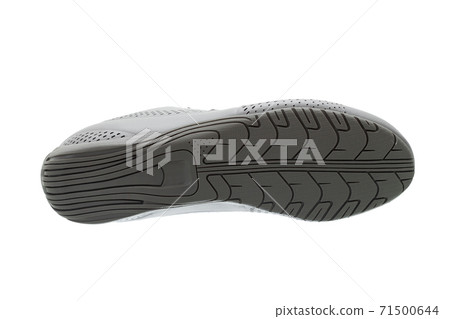 printed sole shoe with a tread pattern for a comfortable and active walking bottom view, label footwear isolated on a white background. 71500644