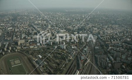 High altitude aerial view of Belorussky railway station and distant Tverskaya street in Moscow, Russia 71500781