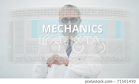 Screen with MECHANICS text in front of a scientist Screen with MECHANICS text in front of a scientist 71501450