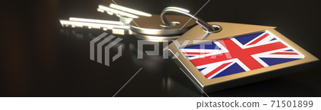 Flag of Great Britain on the keychain and keys. Property rental or real estate market concepts, 3d rendering Flag of Great Britain on the keychain and keys. Property rental or real estate market concepts, 3d rendering 71501899