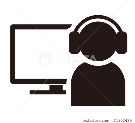 戴著耳機並使用台式計算機的人的簡單圖標/黑白 71502429