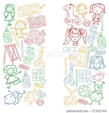 Kindergarten. Vector pattern with toys and small children. Preschool education. 71502744