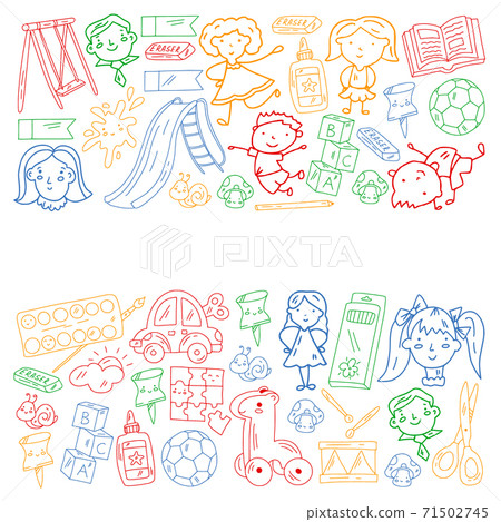 Kindergarten. Vector pattern with toys and small children. Preschool education. 71502745