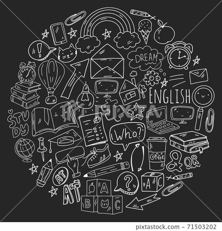 Concept of learning English. Online language courses. E-learning. Pattern with vector icons. Concept of learning English. Online language courses. E-learning. Pattern with vector icons. 71503202