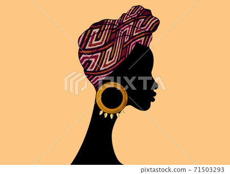 portrait beautiful Afro woman. Shenbolen Ankara Headwrap Women African Traditional Headtie Scarf Turban. Kente head wraps African tribal fabric design. Vector icon logo template brochure background portrait beautiful Afro woman. Shenbolen Ankara Headwrap Women African Traditional Headtie Scarf Turban. Kente head wraps African tribal fabric design. Vector icon logo template brochure background 71503293