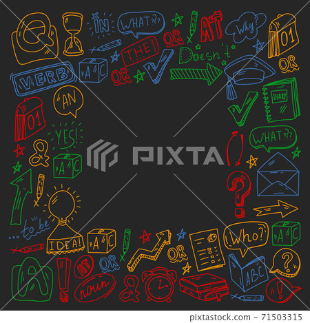 Doodle vector pattern. Illustration of learning English language. E-learning, online education in internet. 71503315