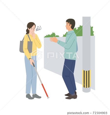 一個女人與一個白色的拐杖和一個男人擔心的插圖 71504903