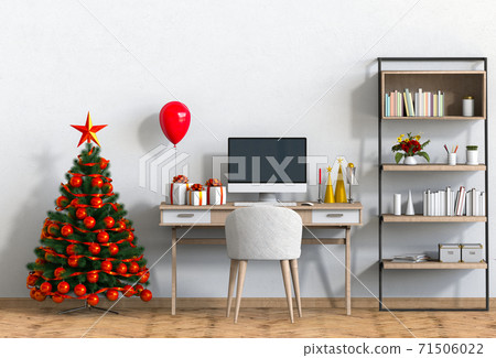 Christmas interior workspace with computer. 3d render Christmas interior workspace with computer. 3d render 71506022