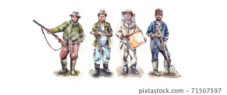Watercolor illustration.Men's Hobbies and Hobbies, active recreation.Figure of a man in a hat.Characters - a hunter with a gun, a fisherman with fish, a beekeeper in an apiary, a farmer with a Watercolor illustration.Men's Hobbies and Hobbies, active recreation.Figure of a man in a hat.Characters - a hunter with a gun, a fisherman with fish, a beekeeper in an apiary, a farmer with a 71507597