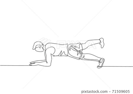 One continuous line drawing of young sporty man working out