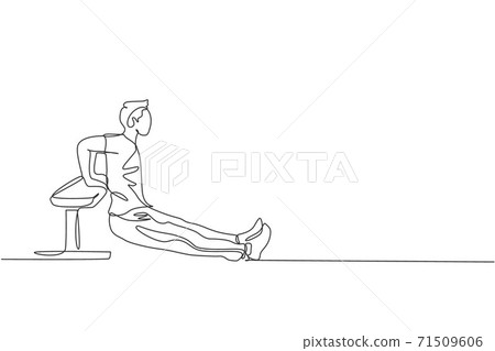 One continuous line drawing of young man training triceps dips in fitness training gym. Healthy sport lifestyle concept. Stretching and work out.  Dynamic single line draw design vector illustration 71509606