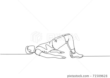 Single continuous line drawing young happy man exercising doing hip raise stretching movement in sport center gym club. Sport training fitness concept. Trendy one line draw design vector illustration Single continuous line drawing young happy man exercising doing hip raise stretching movement in sport center gym club. Sport training fitness concept. Trendy one line draw design vector illustration 71509628