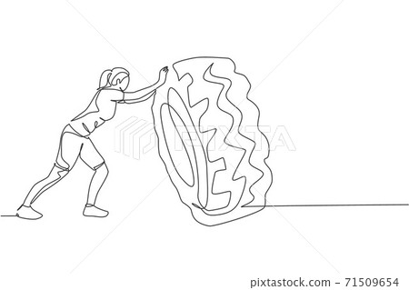 Single continuous line drawing of young sportive woman training lift and push big heavy tire in sport gymnasium club center. Fitness stretching concept. Trendy one line draw design vector illustration 71509654
