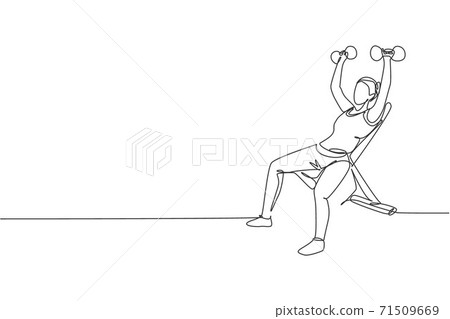 Single continuous line drawing of young sportive man training lift dumbbells on bench press in sport gymnasium club center. Fitness stretching concept. Trendy one line draw design vector illustration 71509669