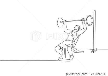 Single continuous line drawing of young sportive man training lifting barbell on bench press in sport gymnasium club center. Fitness stretching concept. Trendy one line draw design vector illustration Single continuous line drawing of young sportive man training lifting barbell on bench press in sport gymnasium club center. Fitness stretching concept. Trendy one line draw design vector illustration 71509731