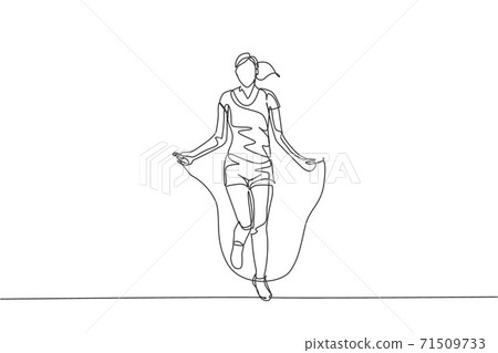 Single continuous line drawing young sportive woman training with jump skipping rope in sport gymnasium club center. Fitness stretching concept. Trendy one line draw design graphic vector illustration Single continuous line drawing young sportive woman training with jump skipping rope in sport gymnasium club center. Fitness stretching concept. Trendy one line draw design graphic vector illustration 71509733